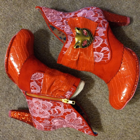✨RED & PINK LACE & GLITTER MIAOW IRREGULAR CHOICE ANKLE BOOTS size 43, US 10/11✨ - Picture 11 of 12